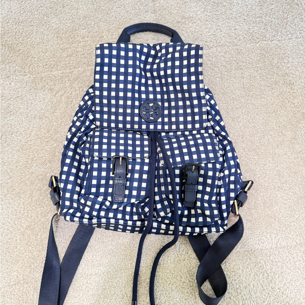 Tory Burch Navy and White Checkered Backpack Purse